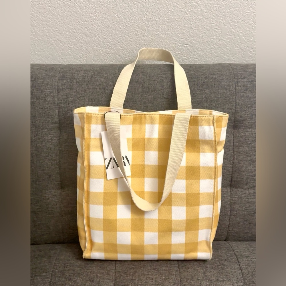 Zara Yellow Gingham Checkered Women's Summer Tote Bag